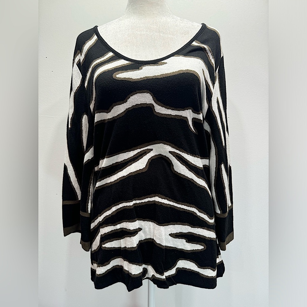 Chico’s Striped Sweater Black Brown & Ivory Wavy 3/4 Sleeve Cotton Blend 1/M